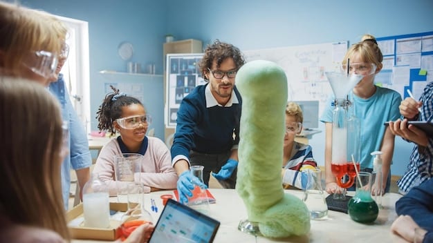 A classroom filled with diverse students engaged in a science experiment, symbolizing the need for equitable educational funding and resources.