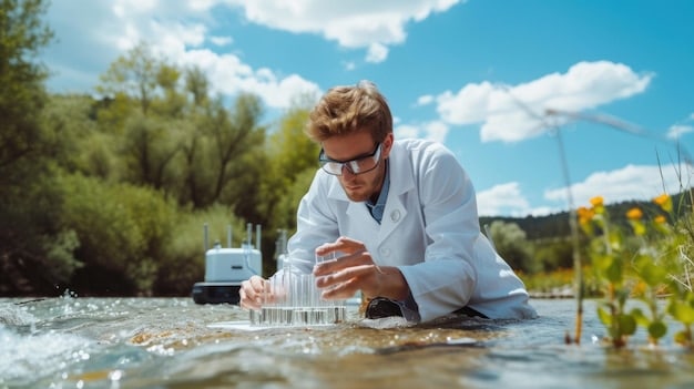A close-up of a scientist testing water quality in a clear stream, with lush green vegetation in the background, representing the ongoing efforts to monitor and protect water resources under state environmental regulations. The focus is on the scientist's hands and the testing equipment, emphasizing the scientific basis of these regulations.