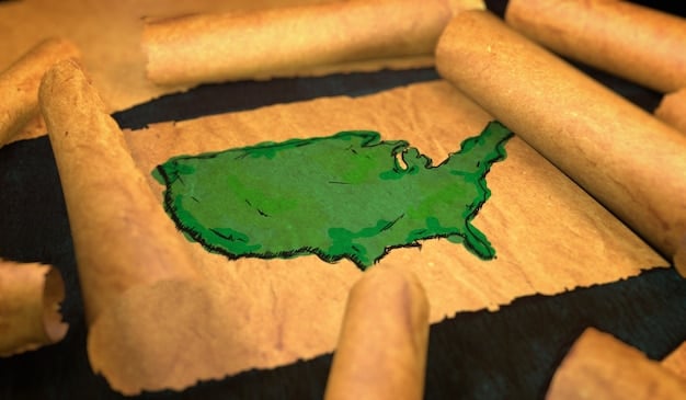 A map of the United States, with states colored differently based on their marijuana laws: green for recreational and medical legalization, blue for medical legalization only, yellow for decriminalization, and red for complete prohibition. The state names are clearly labeled.