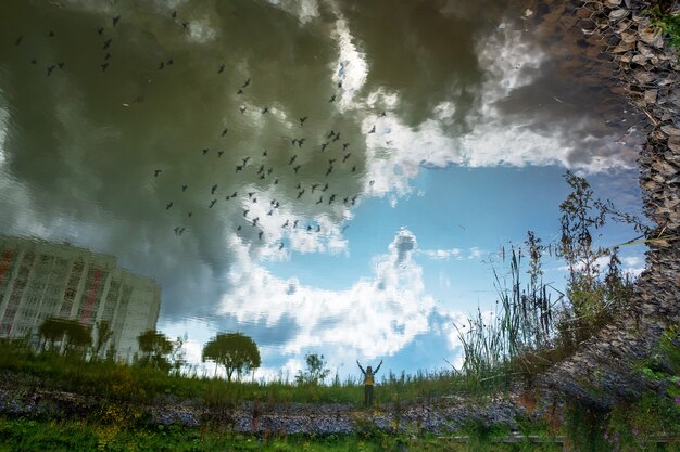A split image showing a pristine natural landscape on one side and a polluted industrial area on the other, symbolizing the need for environmental protection.