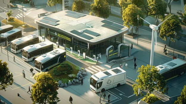 A modern, accessible train station with electric buses and bike-sharing facilities, representing an integrated and sustainable public transportation hub funded by the Infrastructure Bill.