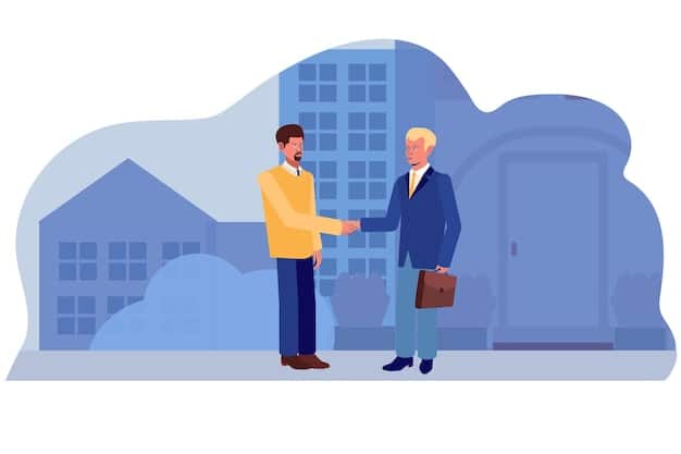 An illustration depicting a handshake between a government official and a private sector executive, with a digital representation of a secure network in the background, symbolizing public-private partnership for cybersecurity.