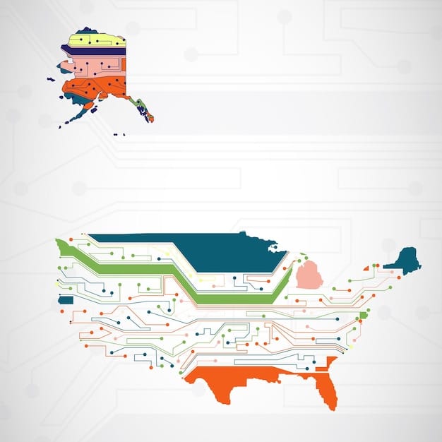 A stylized map of the US showing different energy infrastructures and potential challenges related to the transition to renewable energy, such as grid upgrade needs and job transitions in fossil fuel industries.