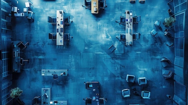 A bird's-eye view shot of a modern, open-plan office where lawyers and tech industry experts are collaborating around a large table, reviewing documents and strategic plans. The scene conveys the strategic discussions that are happening in the tech sector in response to updated antitrust regulations.