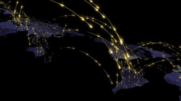 An image depicting a world map with glowing lines connecting different countries, symbolizing international trade and intellectual property agreements. The focus is on the interconnectedness and global impact of IP laws.
