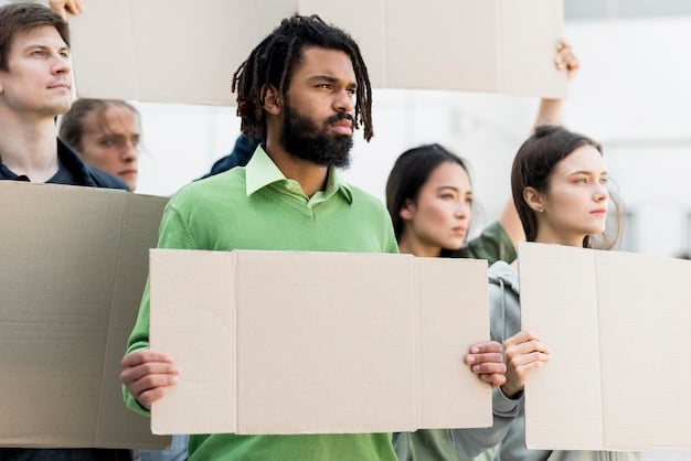 A diverse group of people protesting for campaign finance reform, holding signs and banners. The image should convey a sense of grassroots activism and public demand for change.