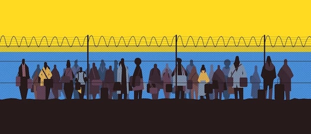 A split image showing long lines at a polling station in one frame and a group of people registering to vote in another, symbolizing both the challenges and efforts to promote voter participation.