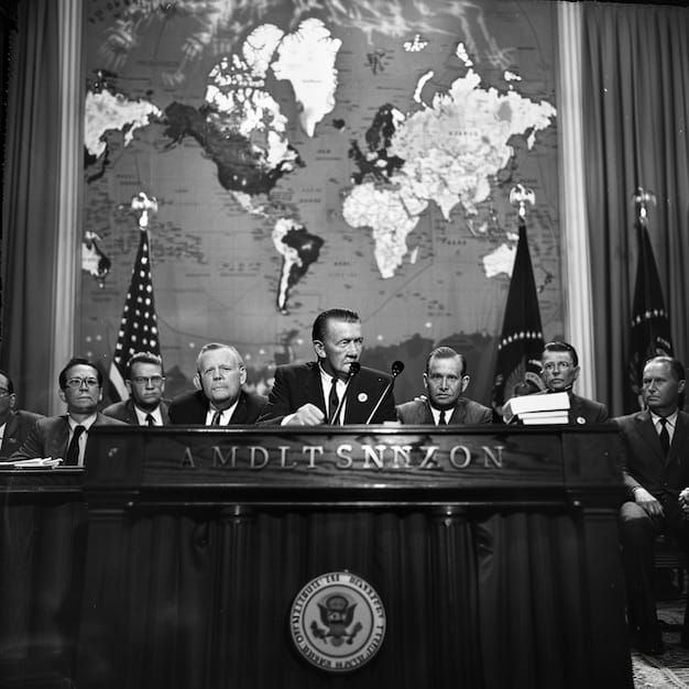 A black-and-white photograph from the Civil Rights era, depicting senators engaged in a heated debate over civil rights legislation, highlighting the filibuster's role in delaying or obstructing the passage of these crucial bills.