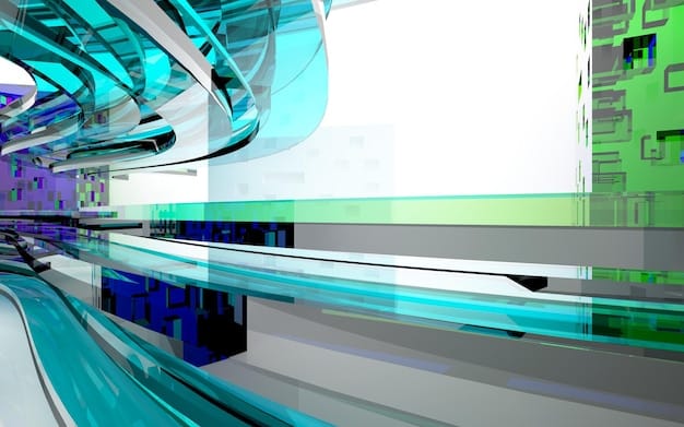 A digital rendering showcasing a high-speed rail system with modern trains, electric vehicles charging stations, and wind turbines in the background. The image represents modern transportation and energy infrastructure.