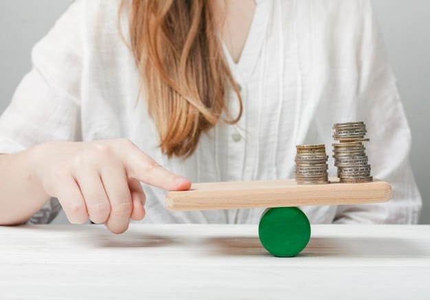A close-up of a hand holding a scale, with stacks of coins on either side, representing the balancing act between economic benefits and costs in policy making.
