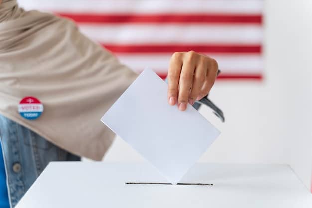 A close-up shot of a voter ID card with a blurred background of a busy polling station. The image symbolizes the challenges some voters face with stricter ID requirements.