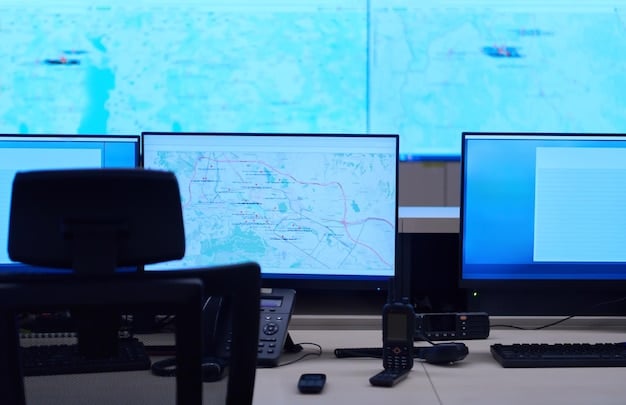 A futuristic security command center with multiple screens displaying real-time data, geographical maps, threat assessments, and AI-driven analytics. Security personnel are monitoring the screens, showcasing advanced technology protecting political figures.