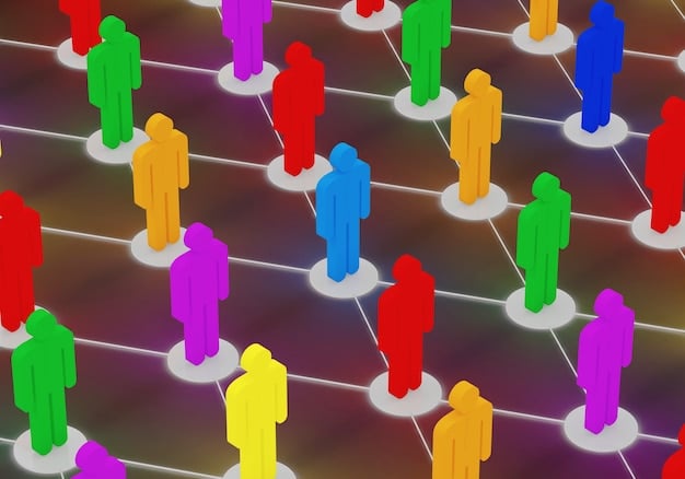 A graphic illustrating the concept of microtargeting. Multiple small groups of people, each with a unique icon representing their shared interest, are connected to a central node representing a political campaign, showing tailored messages going to each group.