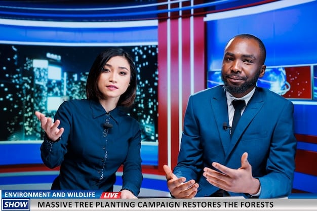 A split screen showing a politician giving a speech on one side and a deepfake video of the same politician saying something completely different on the other side. The background is filled with binary code and social media icons.