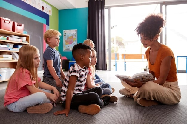 A group of young children participating in a Head Start program, with a teacher reading them a book.