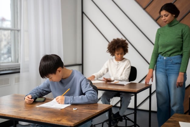 High school students taking a standardized test in a classroom setting.